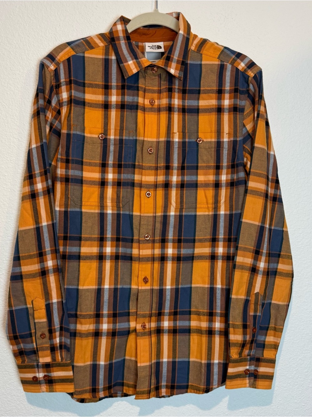 The North Face Orange and Blue Plaid Long Sleeve Button Up Shirt Mens Sz S NEW